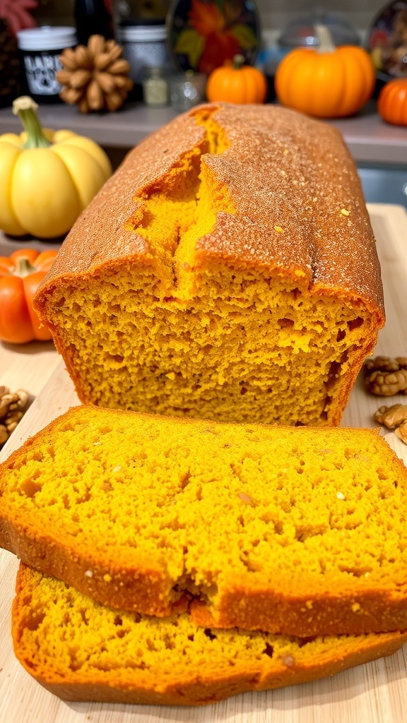 Moist Pumpkin Bread Recipe A loaf of moist pumpkin bread sliced, showcasing its spiced interior, surrounded by walnuts and autumn decor.